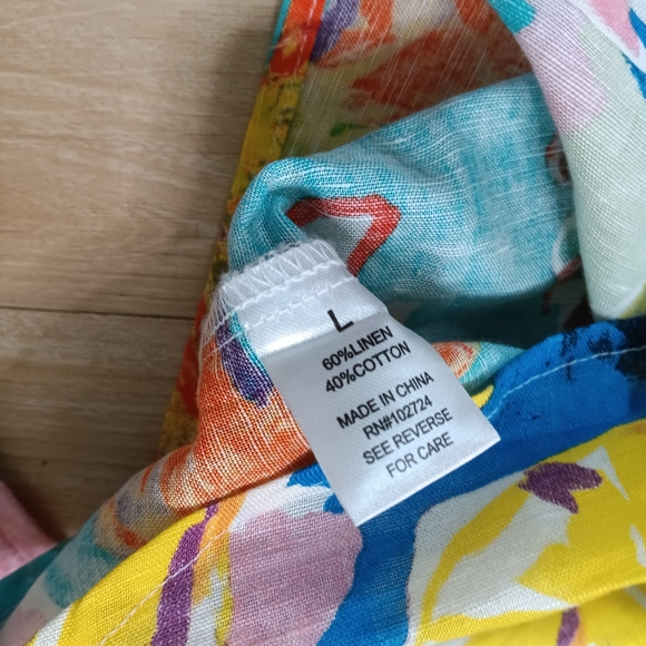 Hester & Orchard Sz L Linen Blend Artsy Rainbow Colorful Floral Blouse Top - Picture 4 of 5